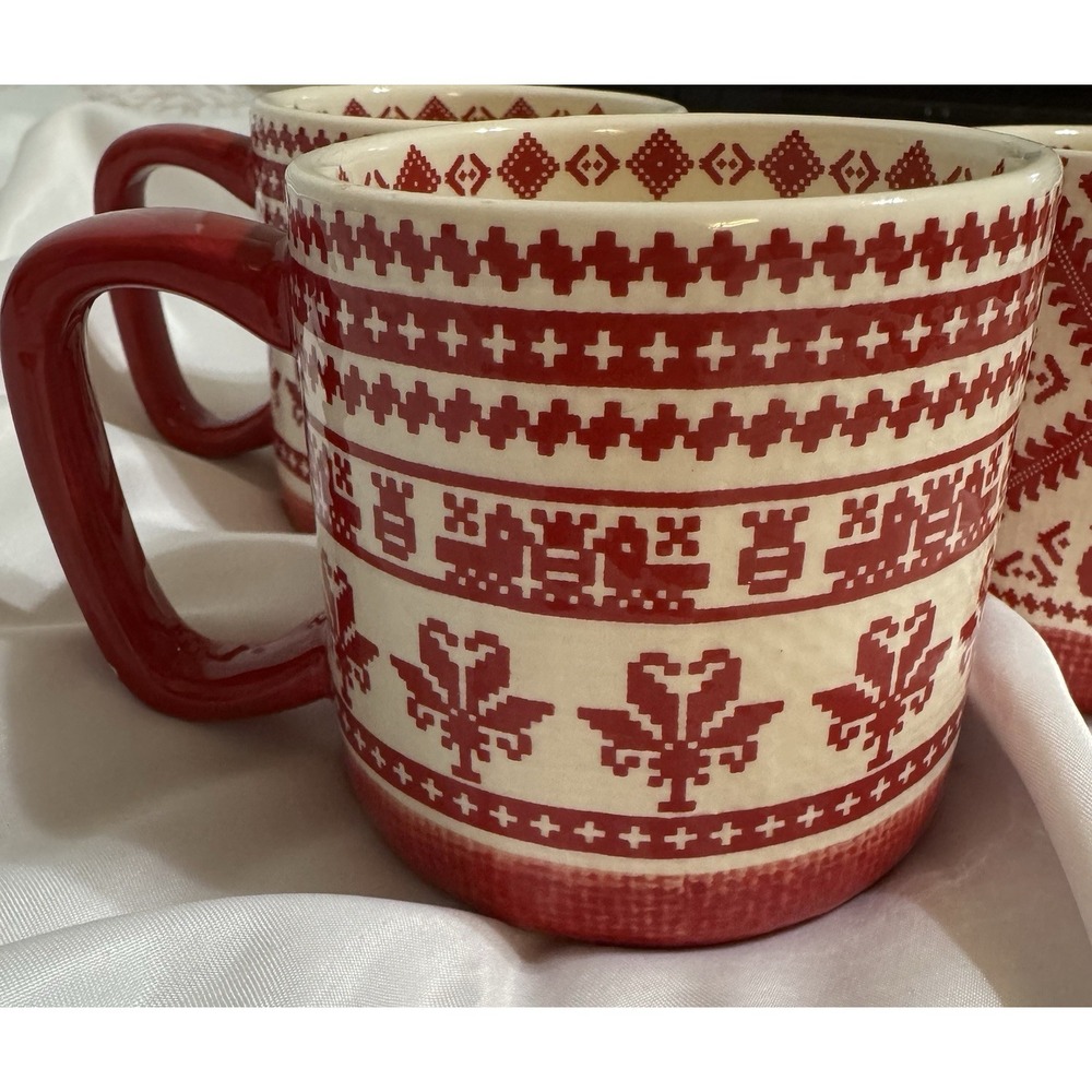 World Market‎ Coffee Tea Mug Cup Red & Cream Needle Point Holiday Party Set Of 3